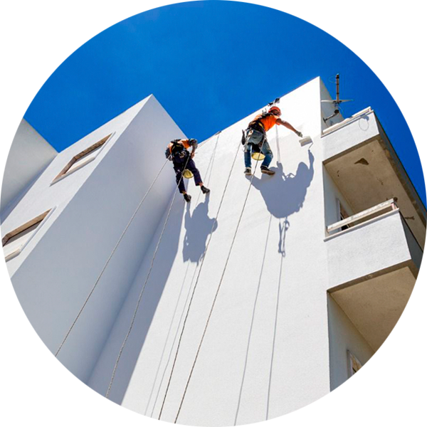 Pintores trabajando en pared de edificio